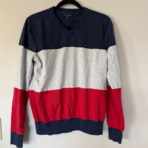 Tommy Hilfiger Y2K Men's V Neck Sweater Colorblock Navy Grey Red Size M
